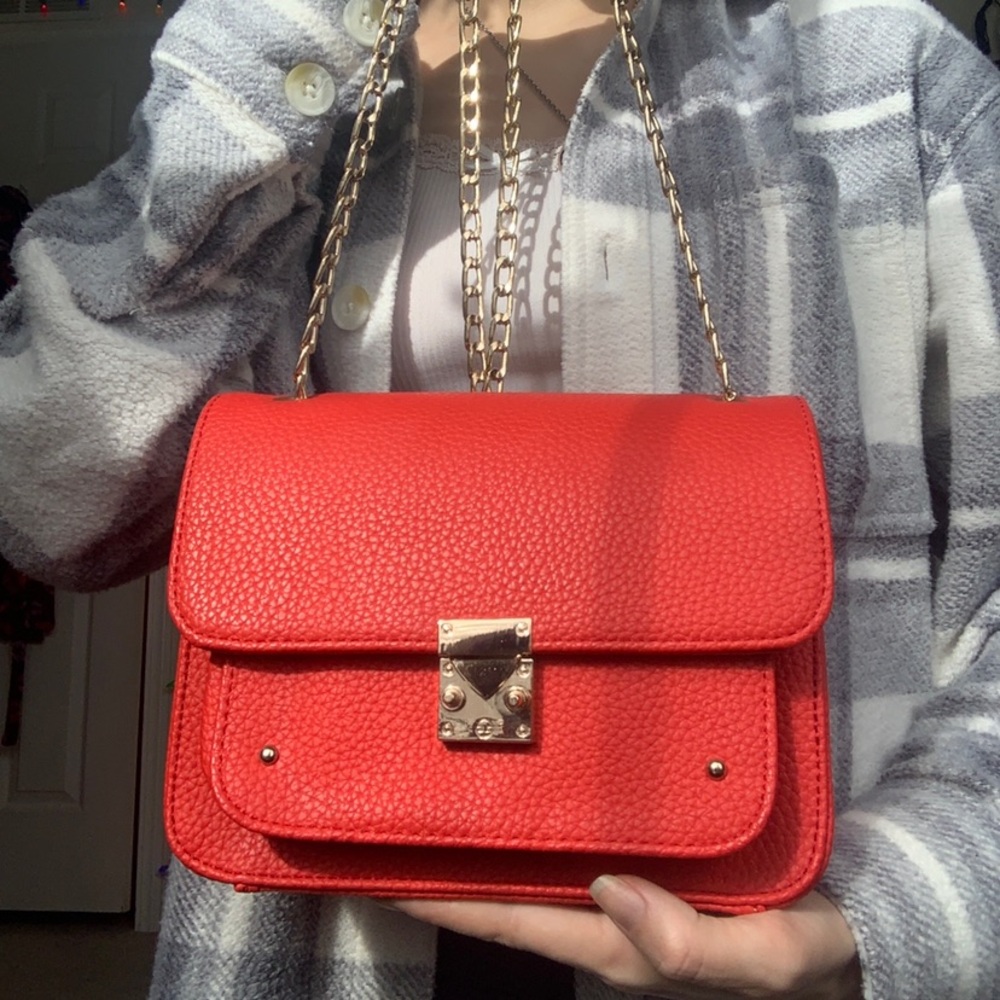 red and gold faux leather crossbody bag, purse